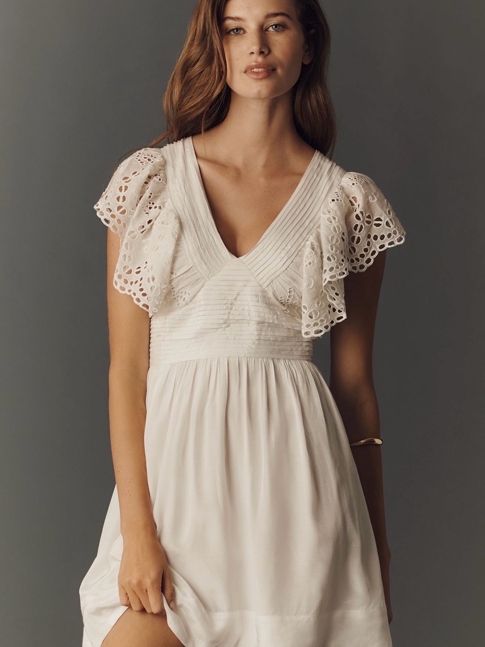 Anthropologie White Eyelet Flutter Sleeve V-Neck Dress
